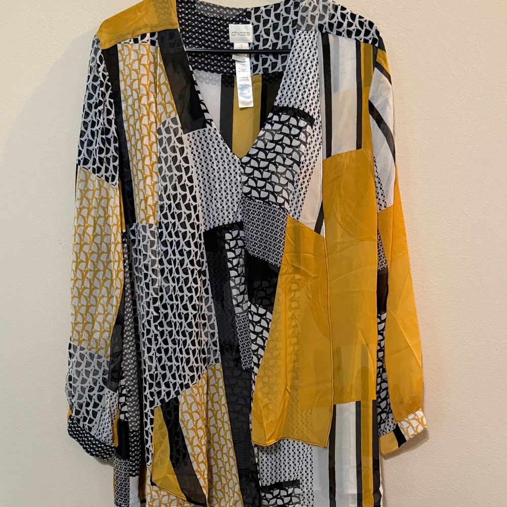 Chico's Mustard, Black & White Geometric Patchwork Tunic
